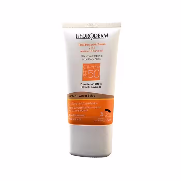 کرم ضد آفتاب فاقد چربی 2In1 هیدرودرم SPF50 حجم 40 میلی لیتر – بژ گندمی