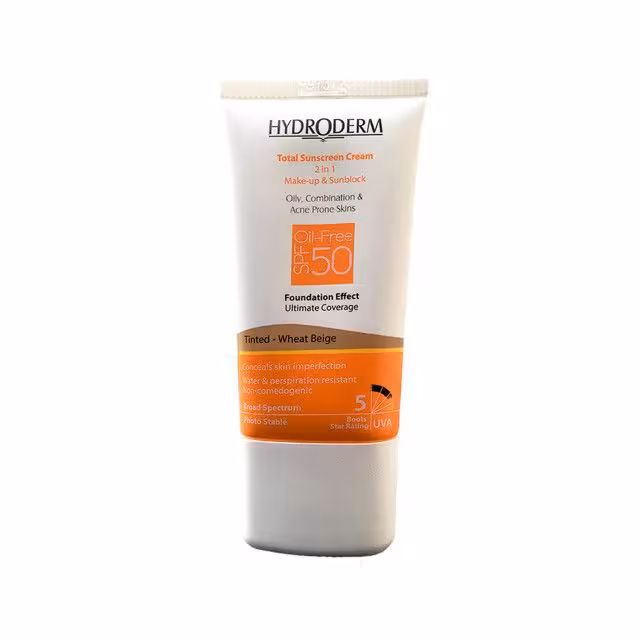 کرم ضد آفتاب فاقد چربی 2In1 هیدرودرم SPF50 حجم 40 میلی لیتر – بژ گندمی