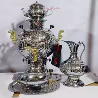 سرویس سماور گازی برنجی 6 لیتری توپی، روکش کروم، ورق ضخیم