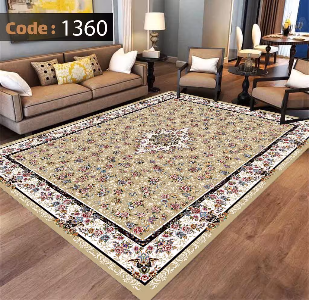 کاورفرش روفرشی دورکشدار گوشه لیفه ای کرم  قهوه ای کد 1360