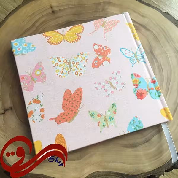 دفتر دست ساز پارچه ای طرح خشتی پروانه زمینه صورتی Fabric Handmade Notebook