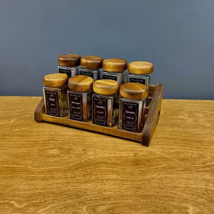 جا ادویه مربع 2 پله خوابیده 8 عددی چوب ( تیره )  کد 43081 از برند لونا رابروود