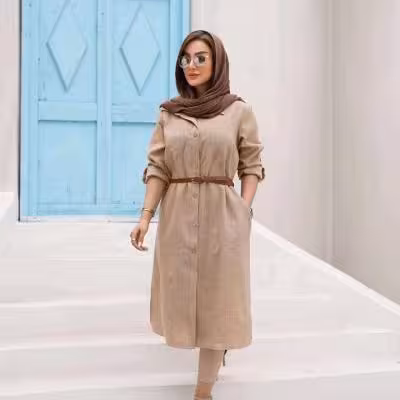 مانتو زنانه مانتو بلند آستین پاگن دار مانتو کمربنددار