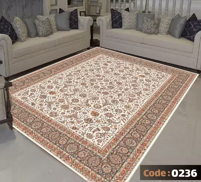 کاورفرش روفرشی دورکشدار گوشه لیفه ای کرم  قهوه ای کد 0236