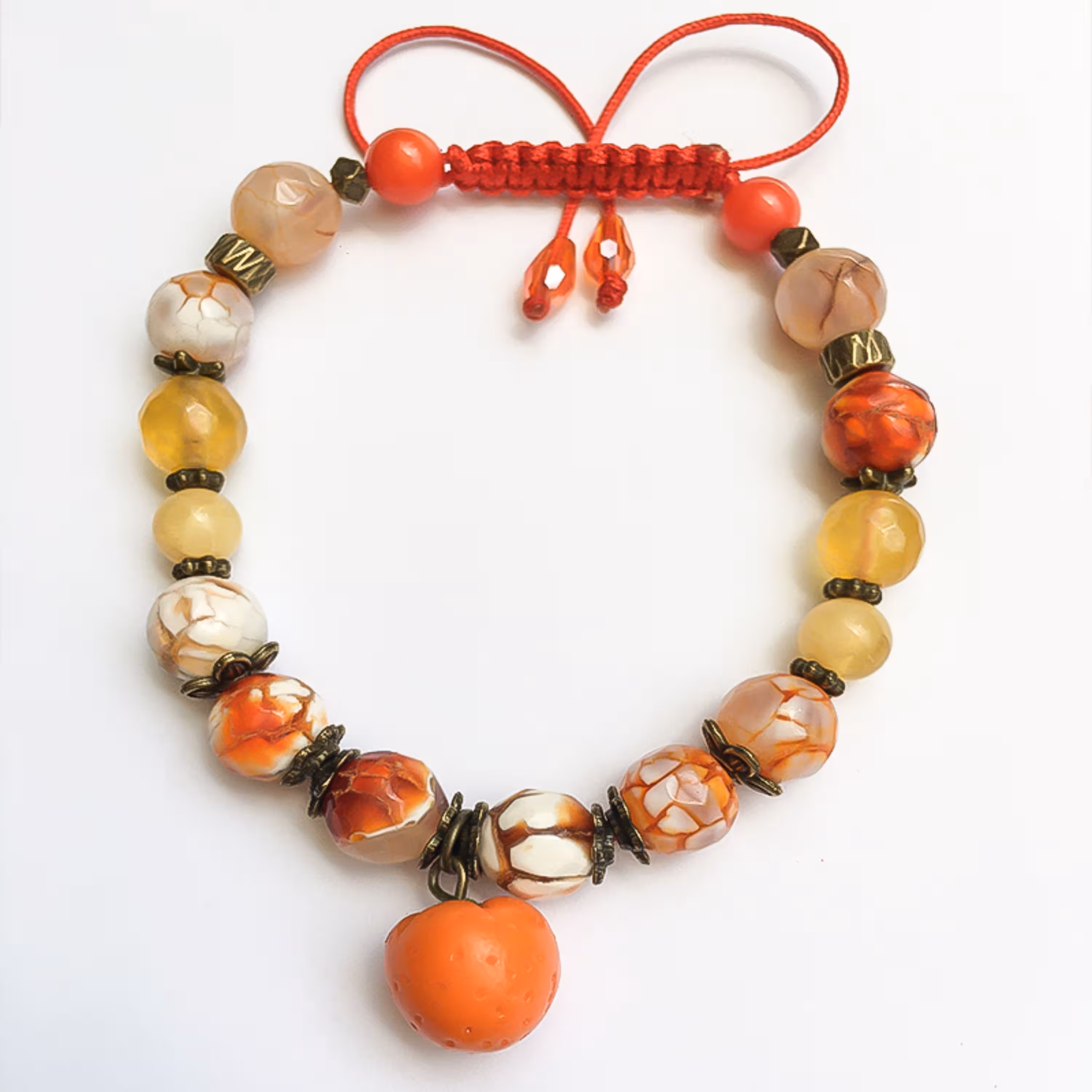 دستبند مدل ترنج فری سایز با تناژ رنگی زرد و نارنجی  عقیقجید کریستال کهربا صدف