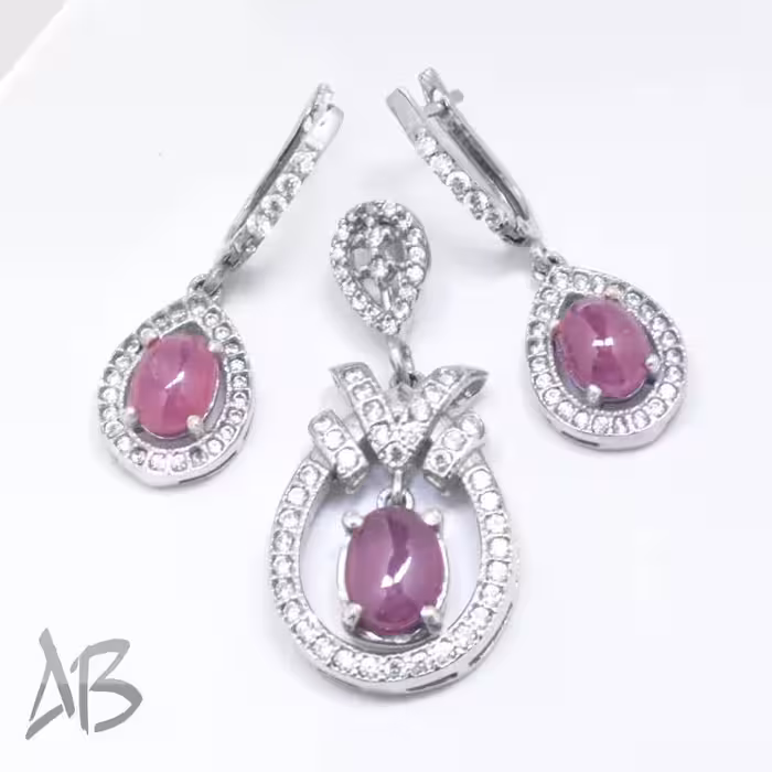 نیم ست نقره با نگین یاقوت سرخ دامله اصل و زیبا آقابزرگ کد Med90