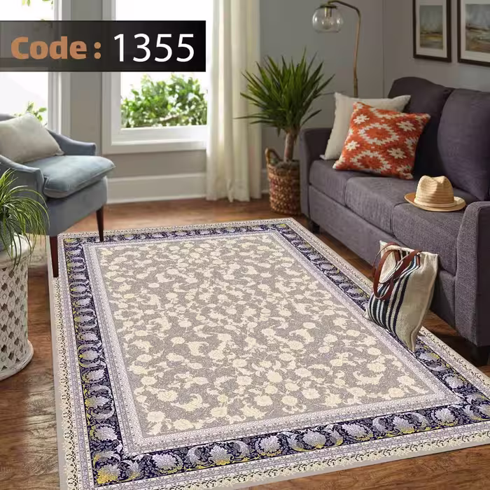 کاورفرش روفرشی دورکشدار گوشه لیفه ای طوسی کرم کد 1355