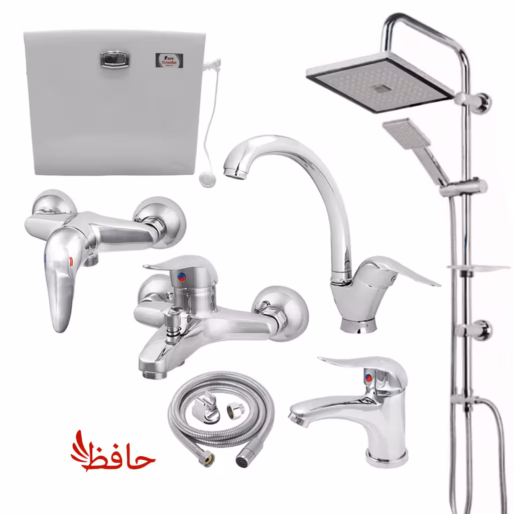 ست 7 تیکه شیرآلات بهداشتی استاندارد مدل S2000 با علم دوش دوکاره رسوبگیر و شلنگ توالت