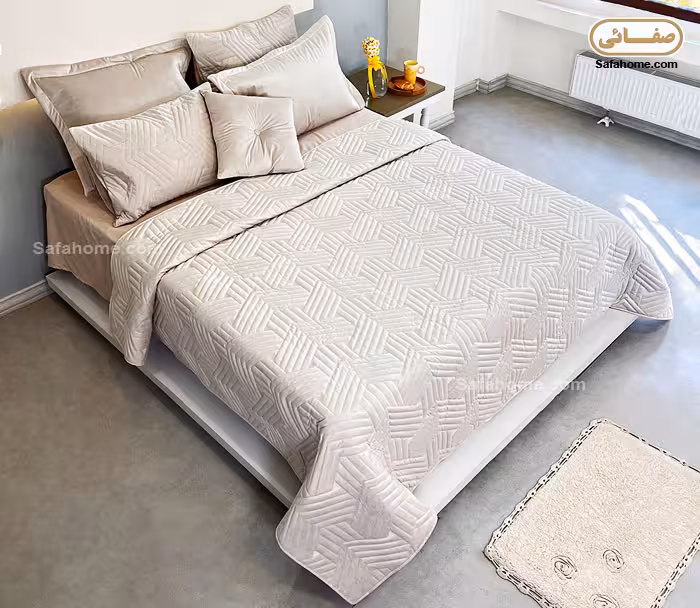 روتختی دو نفره مخمل 7 تکه طرح لئون کرم روشن