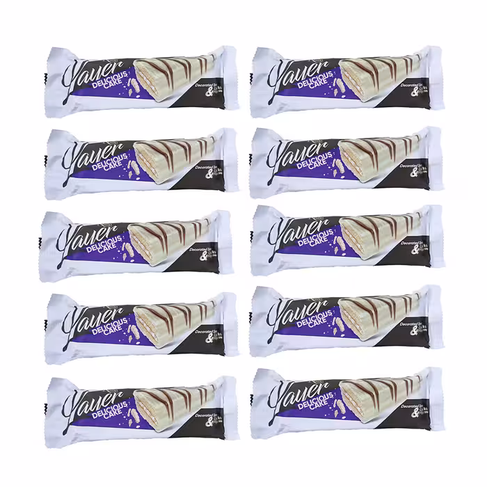 کیک لایه ای کرمدار با روکش شکلات سفید نظری 60 گرمی بسته 24 عددی