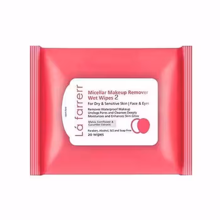 دستمال مرطوب پاک کننده آرایش لافارر 2 مناسب پوست خشک و حساس بسته 20 عددی