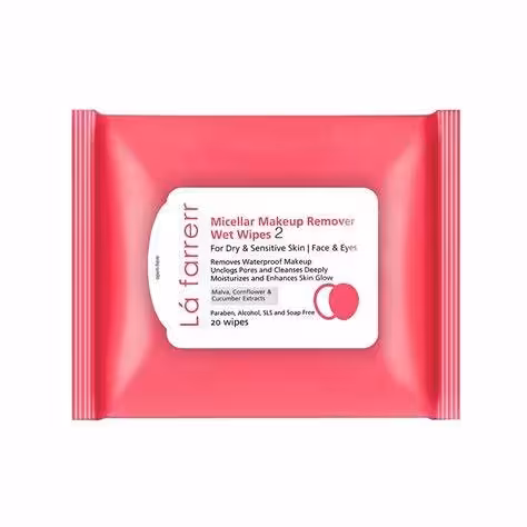 دستمال مرطوب پاک کننده آرایش لافارر 2 مناسب پوست خشک و حساس بسته 20 عددی