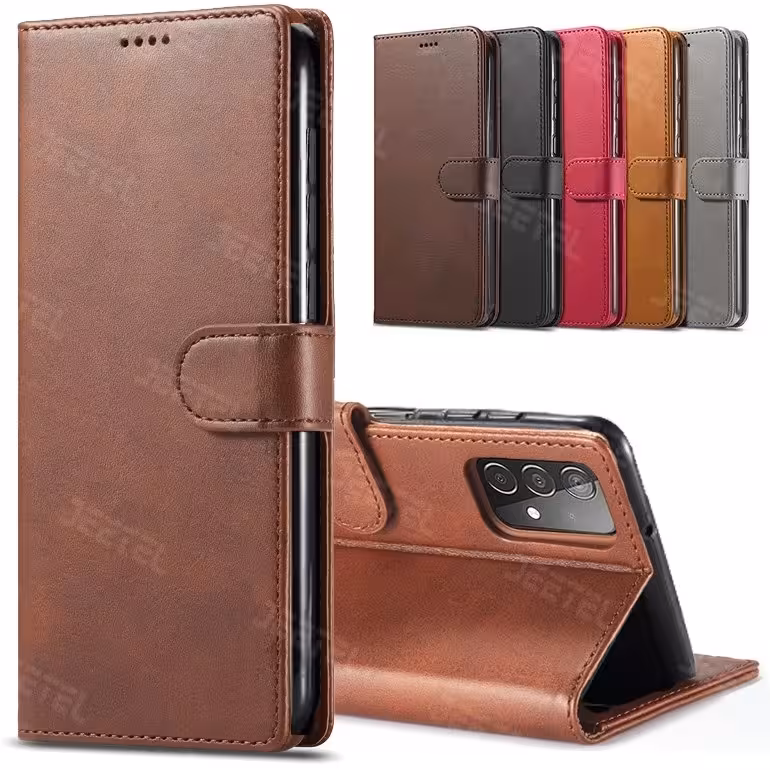 کیف چرمی Samsung Galaxy A32 4G مدل لپ تاپی جاکارتی دار (محافظ لنزدار)