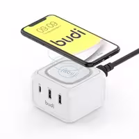 شارژر دیواری 32 وات بودی مدل Budi M8J317TEW با 2 خروجی USB، یک خروجی USB-C و قابلیت شارژ بی سیم