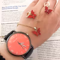 ست ساعت بند چرمی مشکی با صفحه قرمز