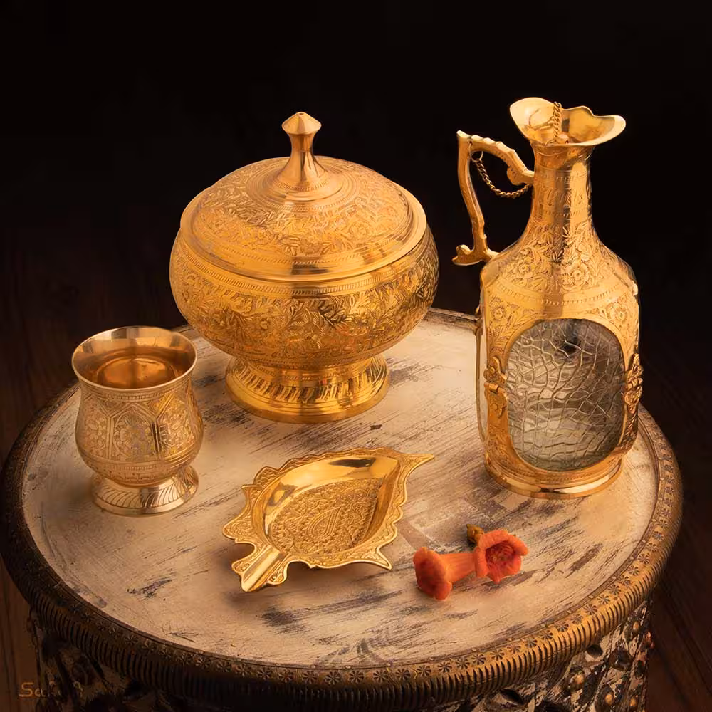 ست پذیرایی برنجی قلمزنی طلایی کد 455