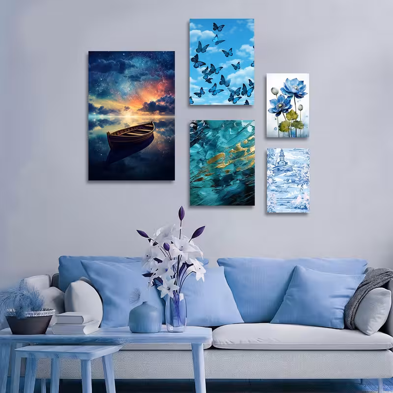 تابلو شاسی دنیای قابطرح نقاشی دریاچه کهکشانی  و گل و پروانه مدل SH-1362 مجموعه 5 عددی | دنیای قاب