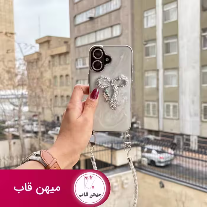 قاب گوشی پاپیون دیاموند با بند ژلاتینی و محافظ لنز نگینی - کد (62785)