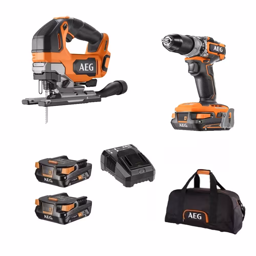 کیت دریل چکشی براشلس به همراه اره عمود بر 18 ولت شارژی AEG مدل BSB18SBL-202C   BST18BLX2-0
