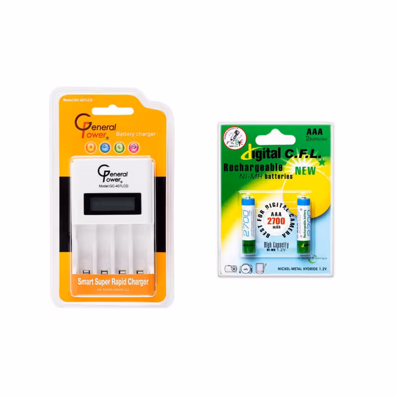 شارژر باتری جی‌پی مدل 407LCD همراه باتری نیم‌قلمی قابل شارژ 2700mAh