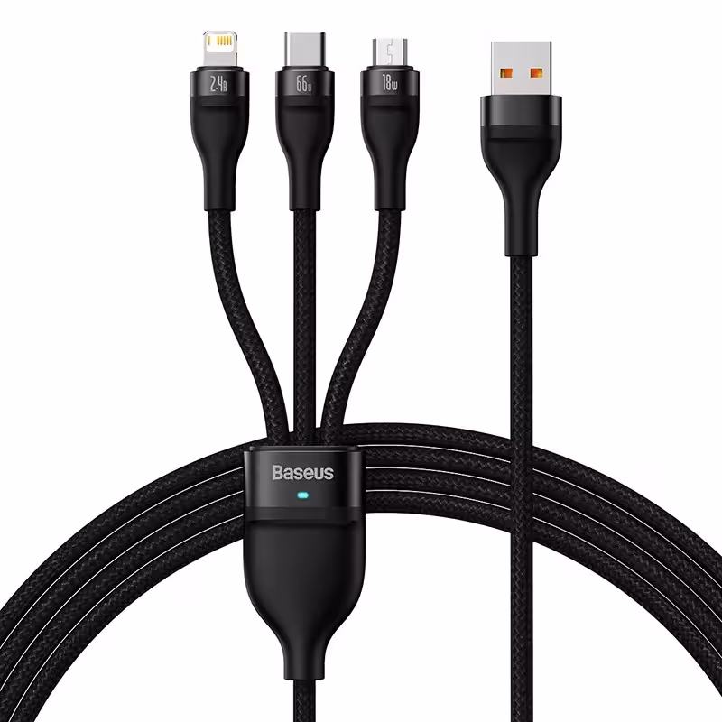 کابل تبدیل USB به MicroUSB/USB-C/لایتنینگ باسئوس مدل CB0029 66W طول 1.2 متر