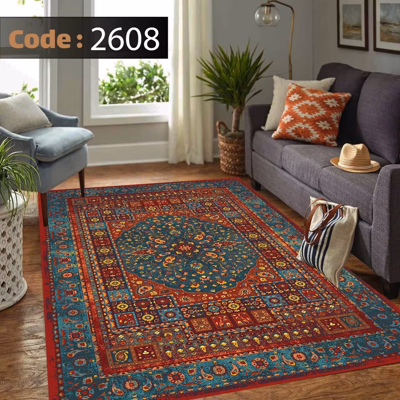 کاورفرش روفرشی دورکشدار گوشه لیفه ای لاکی ، آبی و متنوع کد 2608