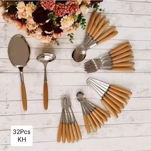 سرویس قاشق چنگال کارد ملاقه و کفگیر دسته چوبی 32 پارچه