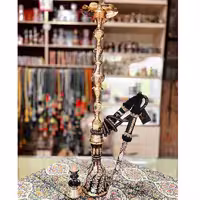 قلیان برنجی گلدان هندی دو رنگ، طرح گل و مرغ برجسته