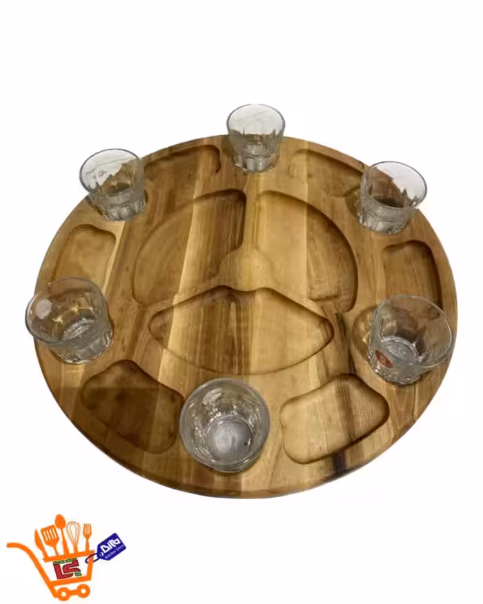 شات پلیت گردان 6 تایی گرد چوب گردو به همراه لیوان