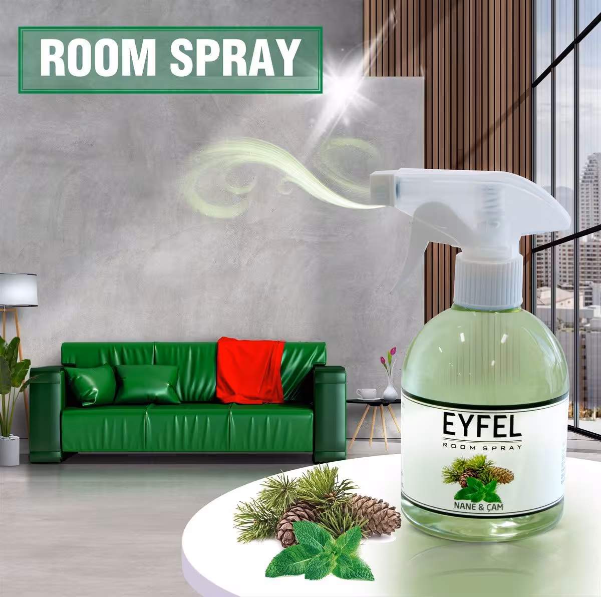 اسپری خوشبو کننده هوا ایفل اصل EYFEL مدل نعنا کاج mint & pine حجم 500 میلی لیتر کد 562004