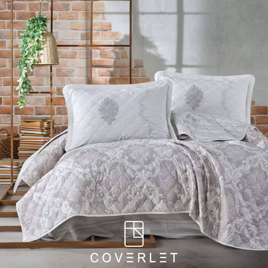 روتختی پنبه‌دوزی طوسی دونفره گل‌دار مدل Fiorita