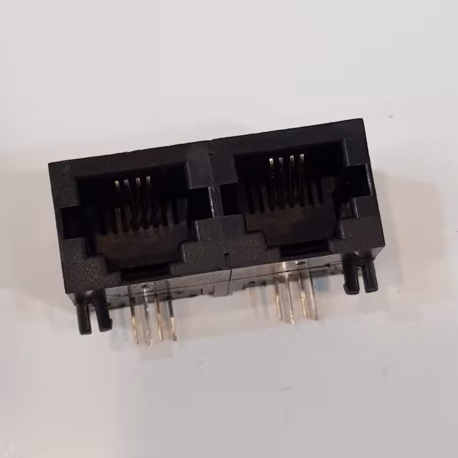 سوکت Rj-11 مادگی رایت انگل روبردی 4 پایه دوتایی، Double Rj-11 Socket Female 6P4C Right angle Board Mount