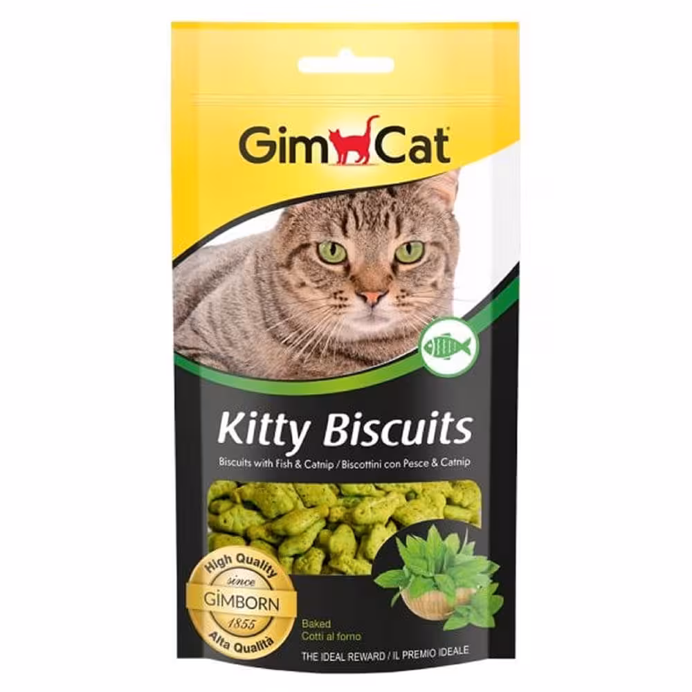 تشویقی بیسکوئیت گربه جیم کت مدل Kitty Biscuits طعم ماهی و کت نیپ وزن 40 گرم