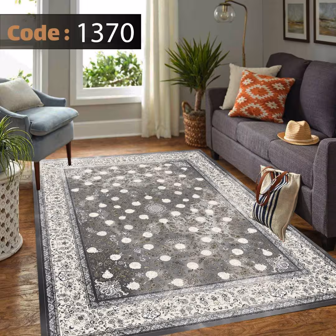کاورفرش روفرشی دورکشدار گوشه لیفه ای طوسی کرم کد 1370