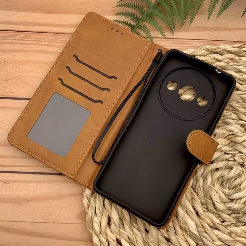 کیف گوشی Redmi A3 - Redmi A3X شیائومی مگنتی طرح چرم کتابی محافظ لنز دار بند دار قهوه ای