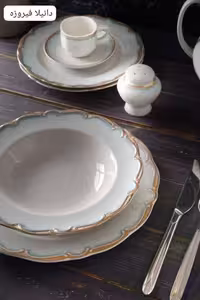 سرویس چینی 30 پارچه 6 نفره ایزابل مدل پردیس طرح دانیلا فیروزه ای استخوانی بن چاینا