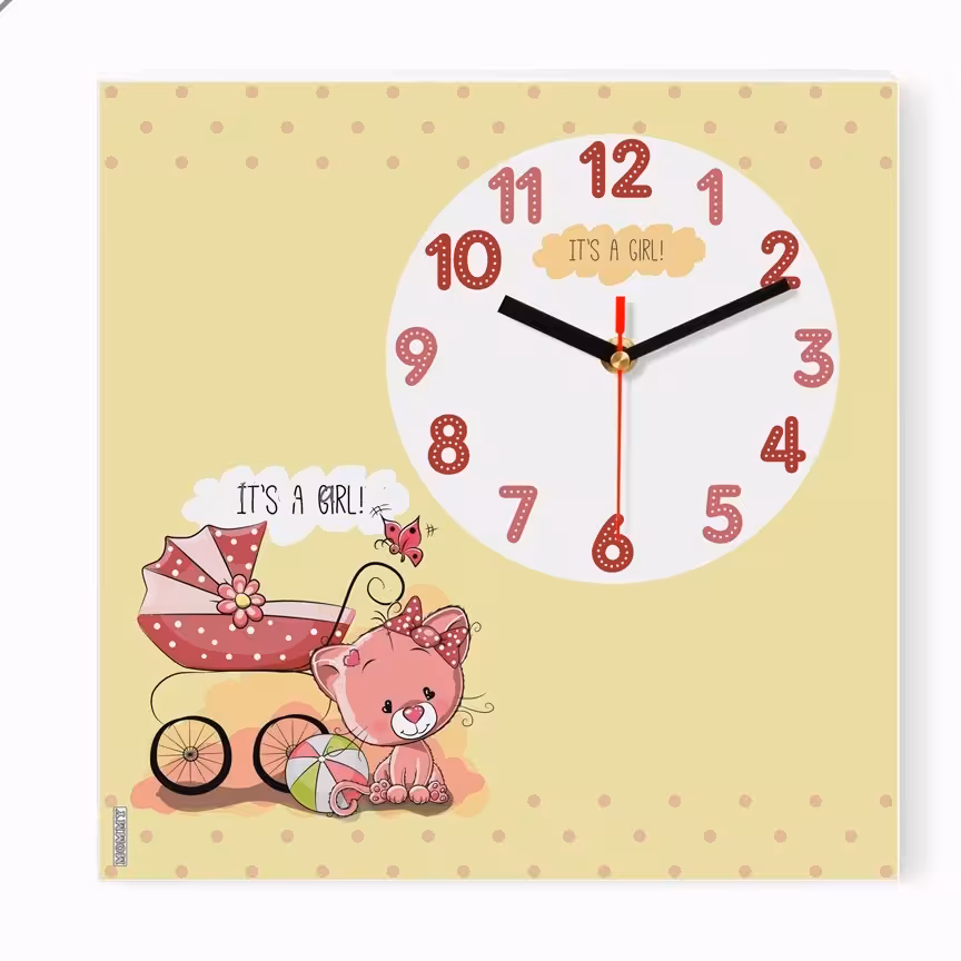 ساعت دیواری کودک طرح گربه و کالسکه 8924