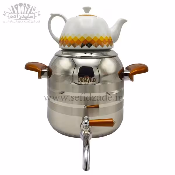 کتری و قوری استیل دستی لوکس دسته عسلی 5 لیتری