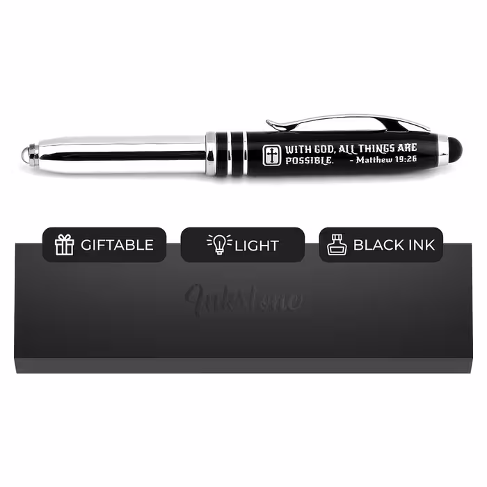 قلم لمسی Matthew 19:26 Gift Pen with LED Light and Stylus Tip