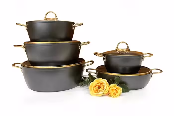 سرویس قابلمه یونیک طوسی 10 پارچه درب منحنی طلایی UN-8335