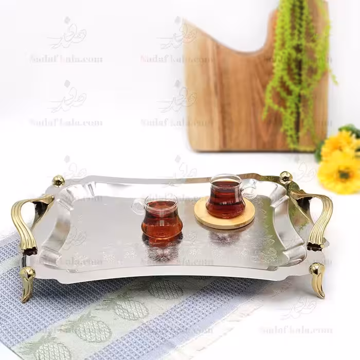 سینی مستطیل متوسط دالبر دسته طلایی Wave طرح دار پایه دار ریور کد BG7277