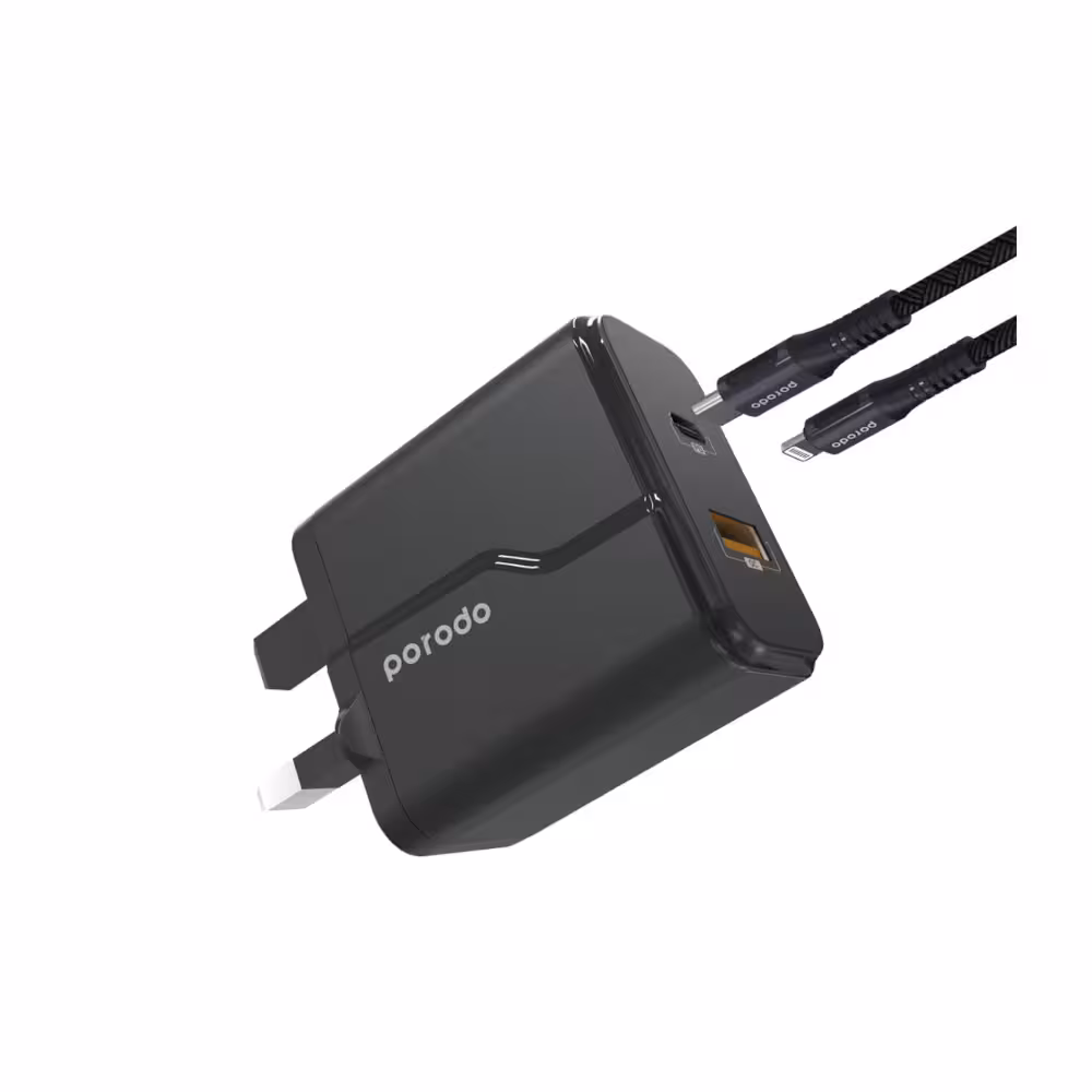 شارژر دیواری پرودو مدل Porodo PD-18PDUKL-BK به همراه کابل تایپ سی به لایتنینگ