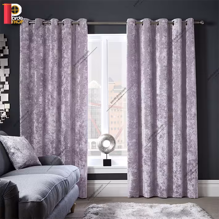 پرده آماده مخمل پتینه پانچی طوسی یاسی آماده ارتفاع 250 سانتی متر