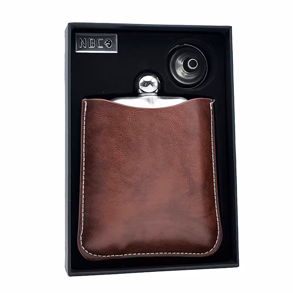 بطری نوشیدنی استیل با کیف چرمی قهوه ایی ان بی کو