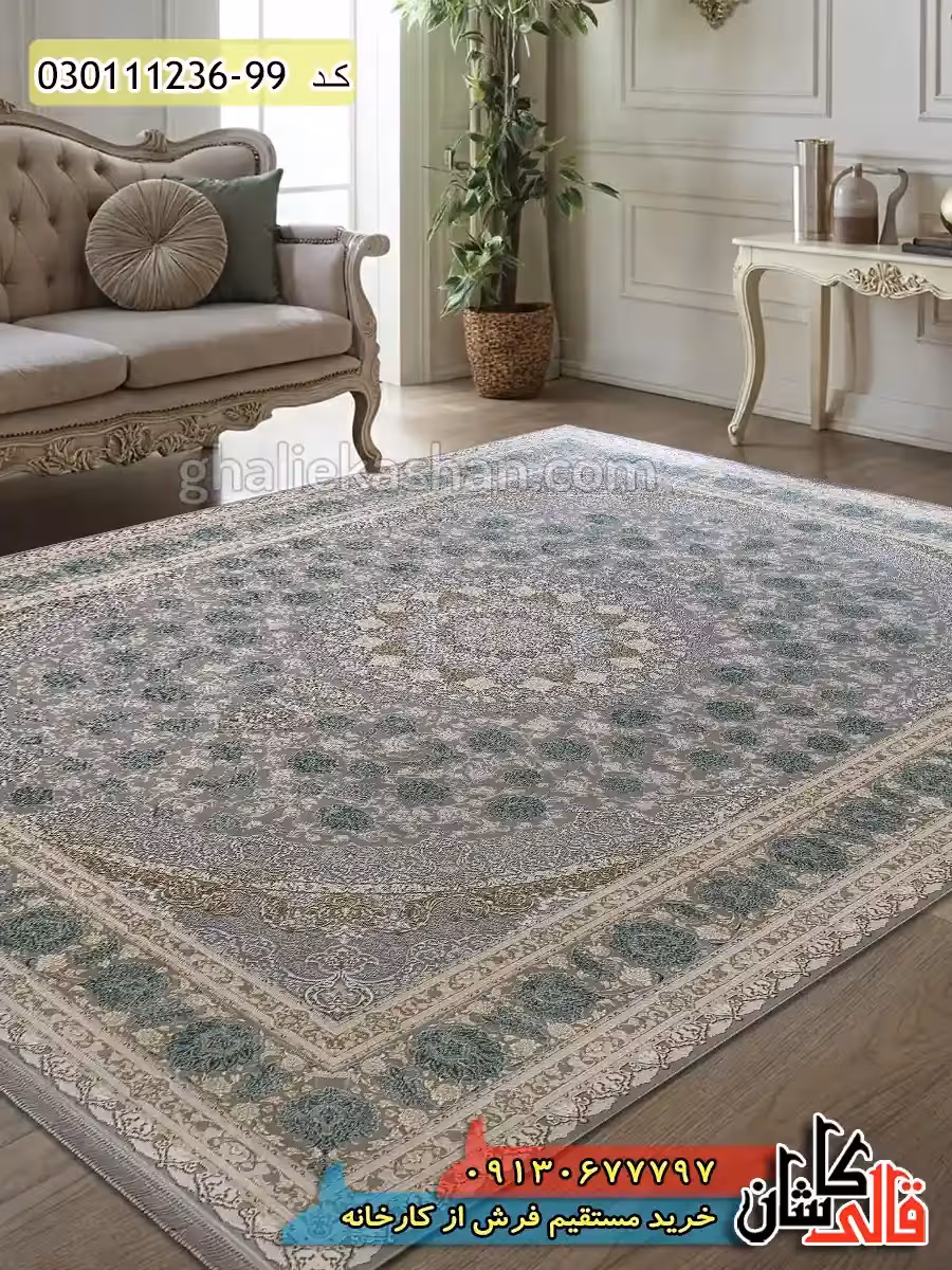 فرش طلاکوب 1200 شانه طرح سلنا زمینه فیلی سبز گل برجسته کاشان