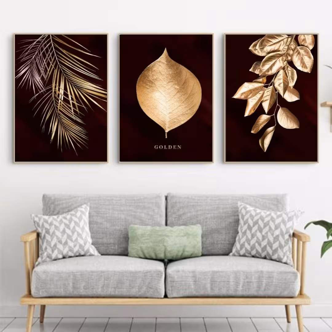 تابلو دکوراتیو 3تیکه برگهای طلایی