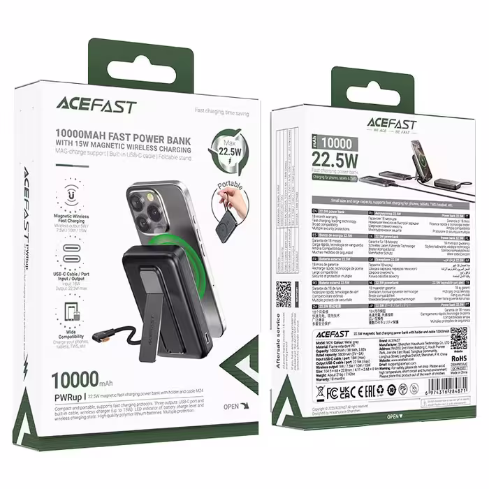 پاوربانک وایرلس 10000 مگ سیف ایس فست ACEFAST M24 توان 22.5 وات همراه با کابل متصل و استند