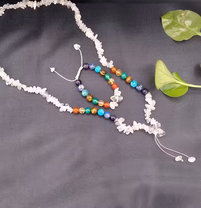 ست دستبند و گردنبند سنگ هفت سنگ، کریستال کوارتز کد 50