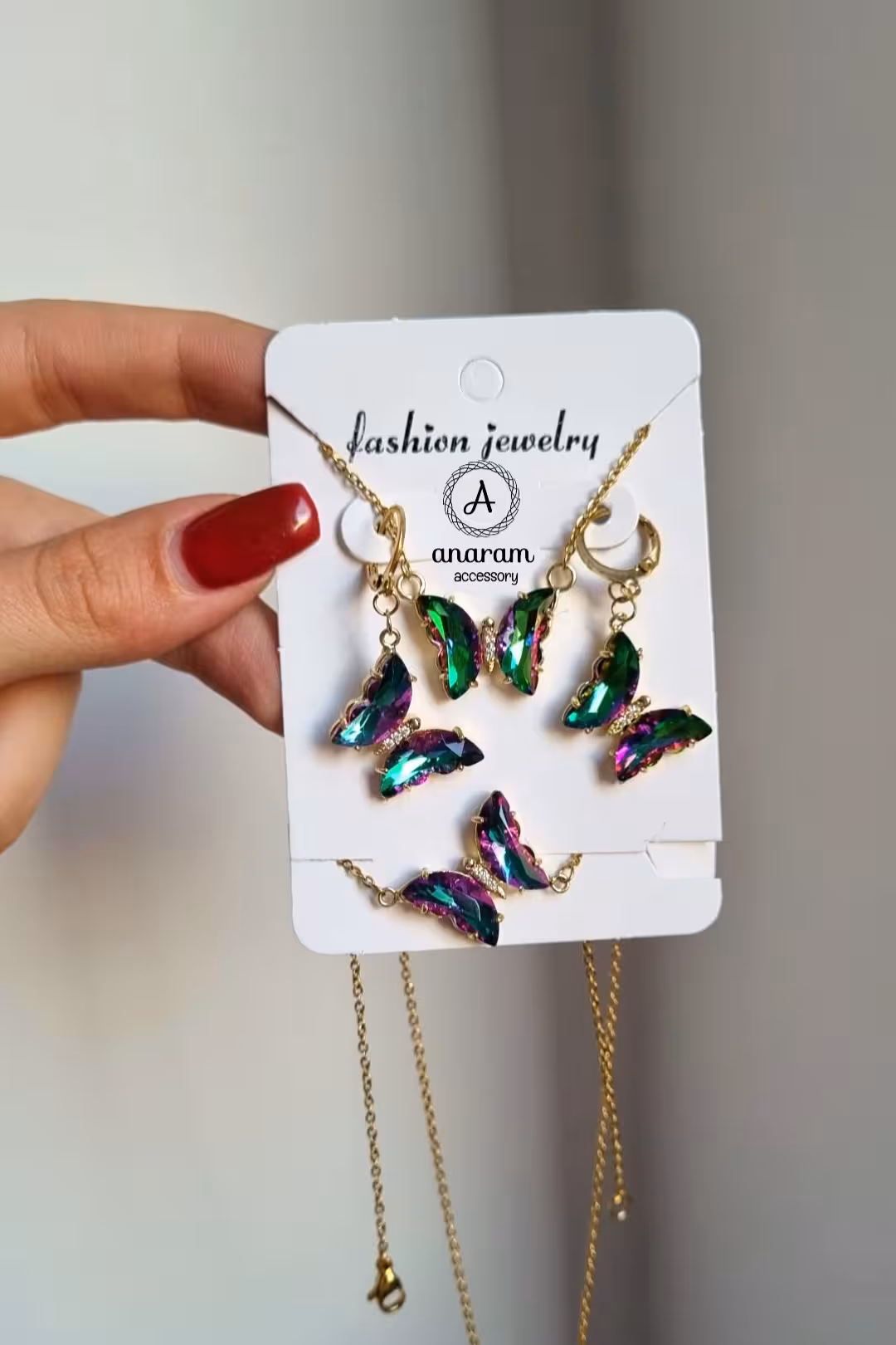 نیم ست دخترانه پروانه 4تیکه کریستالی رنگ سبز هفت رنگ