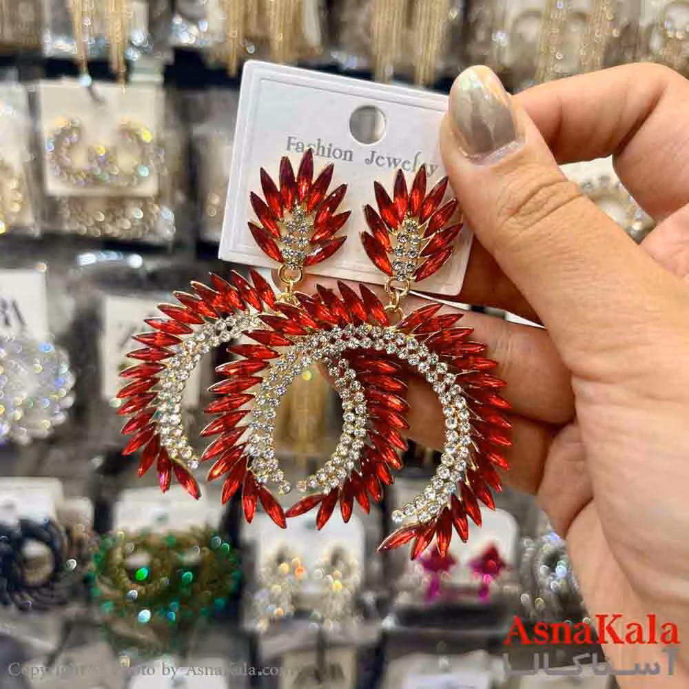گوشواره استیل شیک دخترانه مدل هلالی نگین قرمز کد GSH151378W